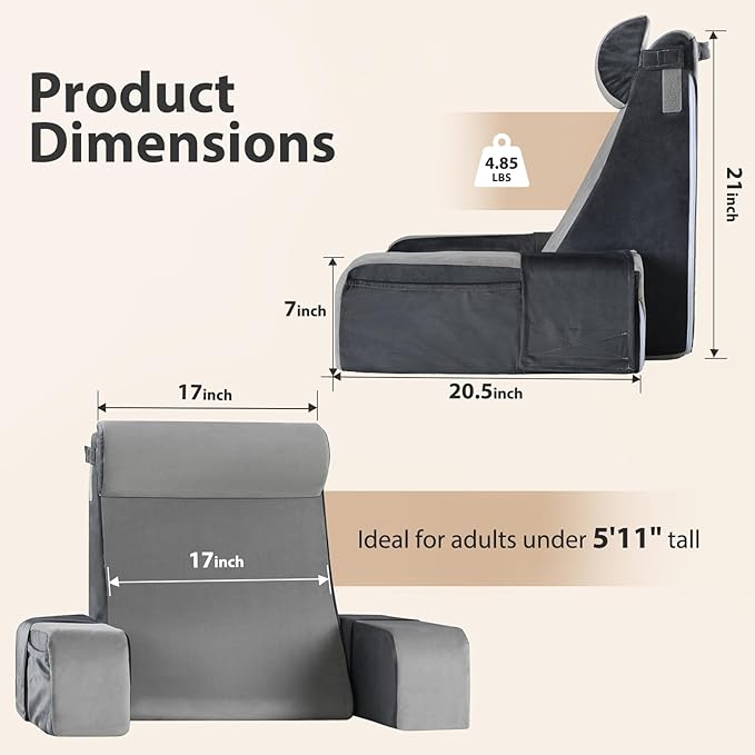 Vekkia 21" Reading Pillow for Sitting in Bed – 60° Ergonomic Wedge Back Pillow, XL Side Pockets, Removable Cover, Support Chair for TV, Gaming, Working, Nursing, Recovery in Bed/Floor,Lightweight