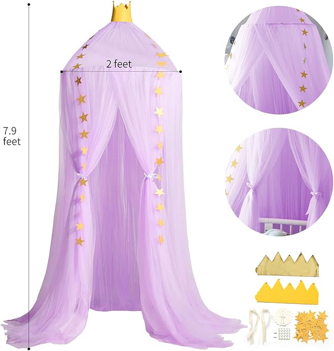 Jolitac Princess Bed Canopy for Girls Room Decor Round Lace Mosquito Net Play Tent Reading Nook Canopies Yarn Girl Dome Netting Castle (New Purple)