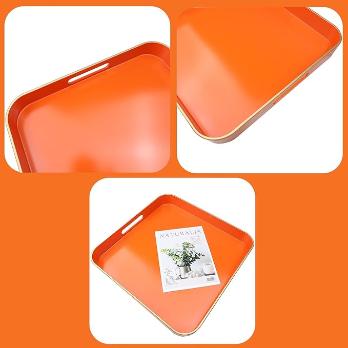 Omuriko Orange Square Decorative Tray with Handles, 13"*13" Versatile Serving Tray for Coffee Table, Ottoman, Ideal for Serving, Displaying, Organizing