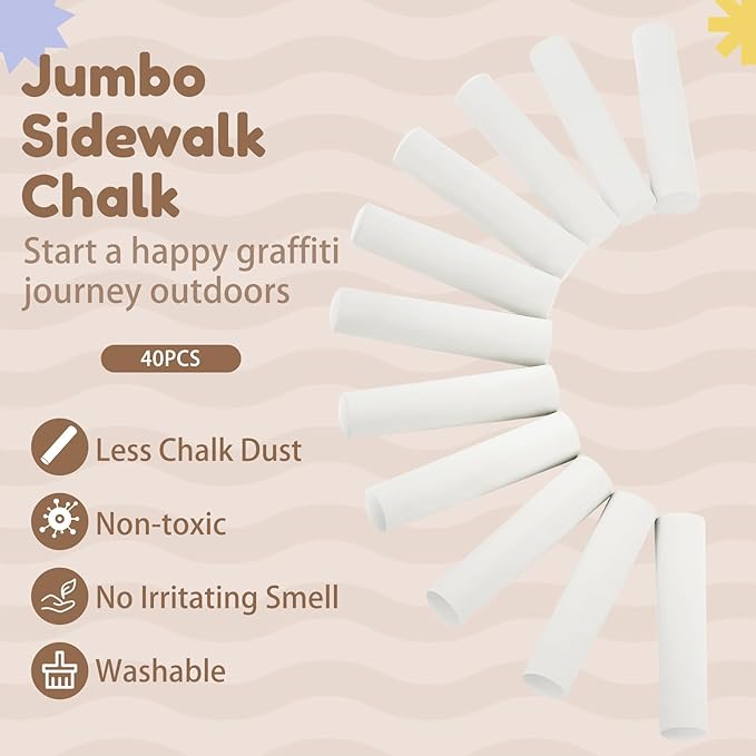 Fulmoon 40 Pcs Jumbo Sidewalk Chalk for Kids Outdoor Art Non Toxic Large Washable Street Chalk for Adults Drawing Painting Graffiti Classroom(White,Round Style)