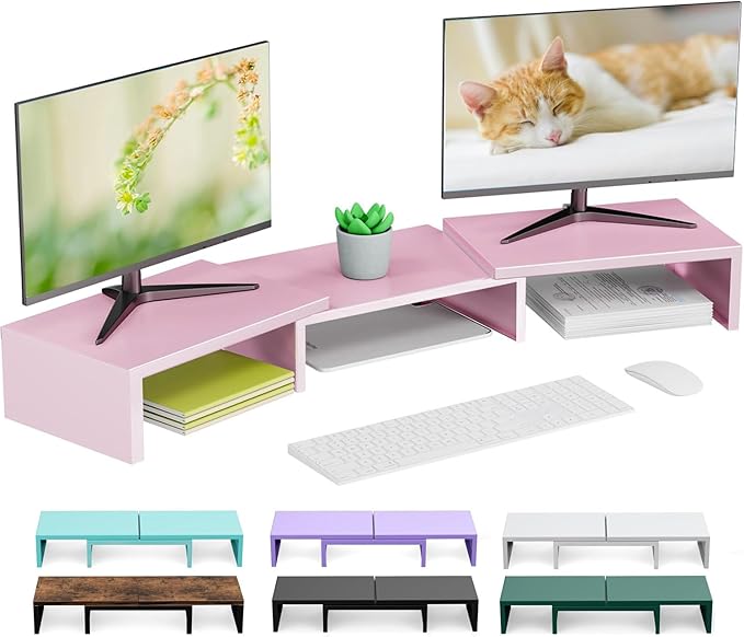 OUTIOE Dual Monitor Stand for Desk, Metal Monitor Riser, Pink office Supplies and Accessories (Pink)
