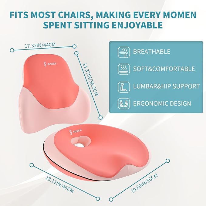 FLORICH Memory Foam Car Seat Cushion and Lumbar Support Pillow, Soft Butt Pillow for Tailbone Relief, Cute Drivers Seat Cushion for Long Driving Travel
