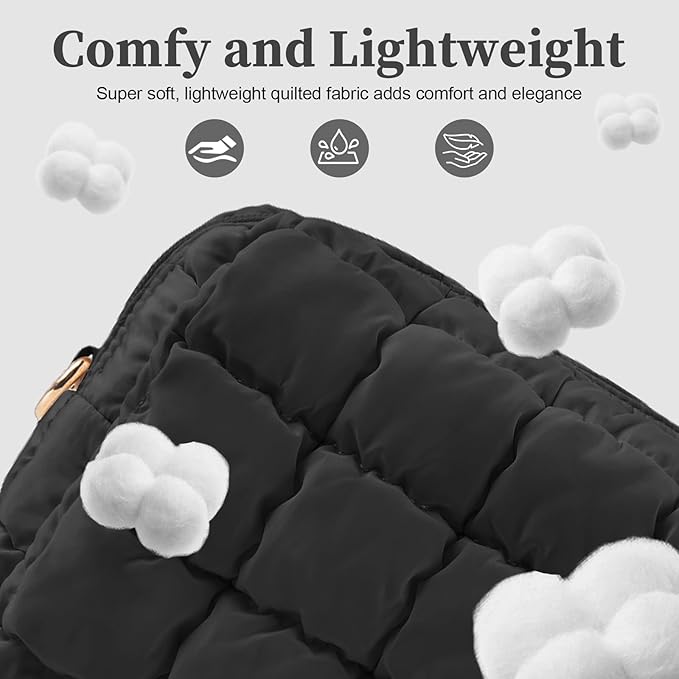 Puffer Quilted Makeup Bag Cosmetic Bags,Puffy Travel Toiletry Pouch for Women,Cute Checkered Zipper Bag Travel Essential,Portable Aesthetic Make up Organizer Bag for Gifts Work Daily(Black,S)