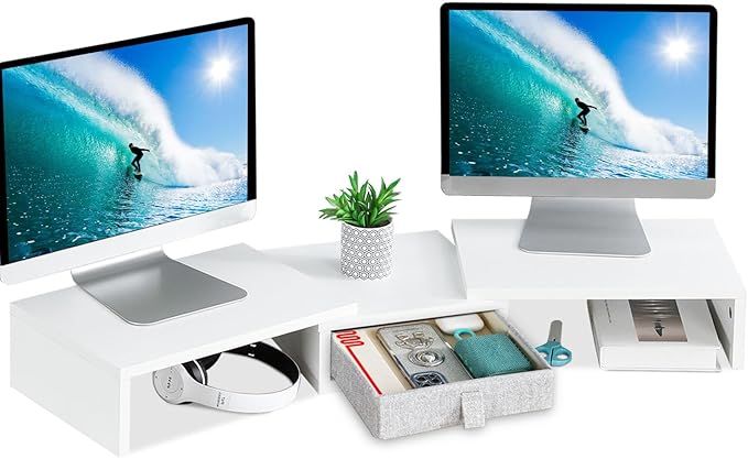 TEAMIX White Dual Monitor Stand Riser with Drawer - Length and Angle Adjustable Double Corner Desk Shelf Organizer 37 inch Long for 2 Laptop/PC/Screen/TV