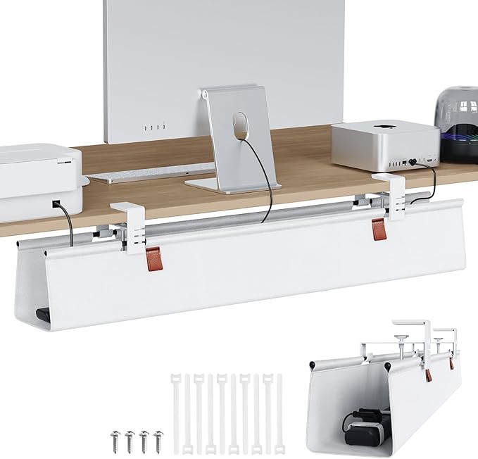 Zilink Large Cable Management Under Desk 40" No Drill Desk Cable Management Clamp/Screw Mount Fabric Cable Tray Sturdy Waterproof Cable Organizer for Office, Home, White