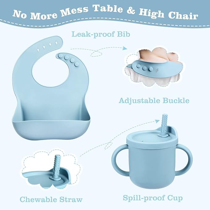 Silicone Baby Feeding Set, Baby Led Weaning Supplies with Suction Bowl Divided Plate, Toddler Self Feeding Dish Set with Spoons Forks Sippy Cup Adjustable Bib, Eating Utensils for 6+ Months(Blue)