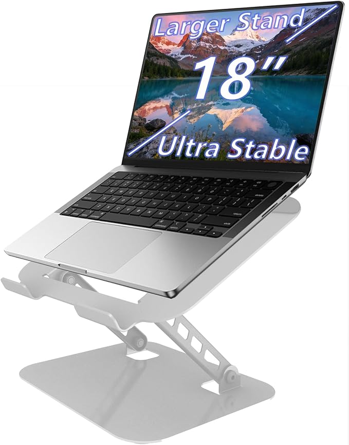 Adjustable Laptop Stand, Ultra Stable Metal Base Ergonomic Foldable Computer Riser for Desk Compatible with MacBook Pro/Air Notebook All Laptop Under 18 Inches (Silver)