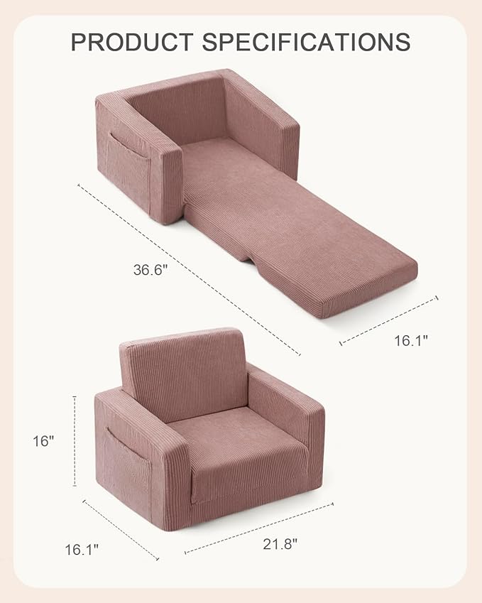 Toddle & Kids Chair,2-in-1 Soft Toddler Couches That Fold Out,Toddler Chairs Comfy 1-3 Years Old,Convertible Sofa to Lounge,Pink