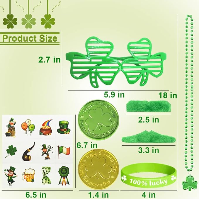 168Pcs St. Patrick's Day Party Favor Set, Include Green Beads Shamrock Necklace, Shamrock Shutter Shades Glasses, Tattoos, Mustache, Bracelets, Coins for Kids St Patrick's Day Party Accessories Decor