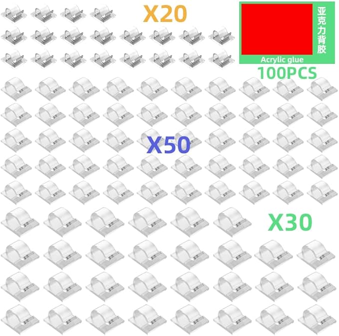 100 PCS Cable Clips Cord Organizer (Small, Medium,Large),Wire Holder for Cable Management, Outdoor Light Clips Light Hooks for LED String,Car Dash Cam, Extension Cord (Clear)