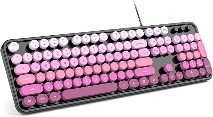 Computer Keyboard Wired, Plug and Play USB Retro Round Typewriter Keyboard, Full Size Wired Keyboard with Foldable Stands for Laptop and Office PC- Black Pink Gradient