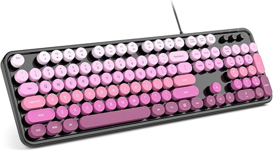 Computer Keyboard Wired, Plug and Play USB Retro Round Typewriter Keyboard, Full Size Wired Keyboard with Foldable Stands for Laptop and Office PC- Black Pink Gradient