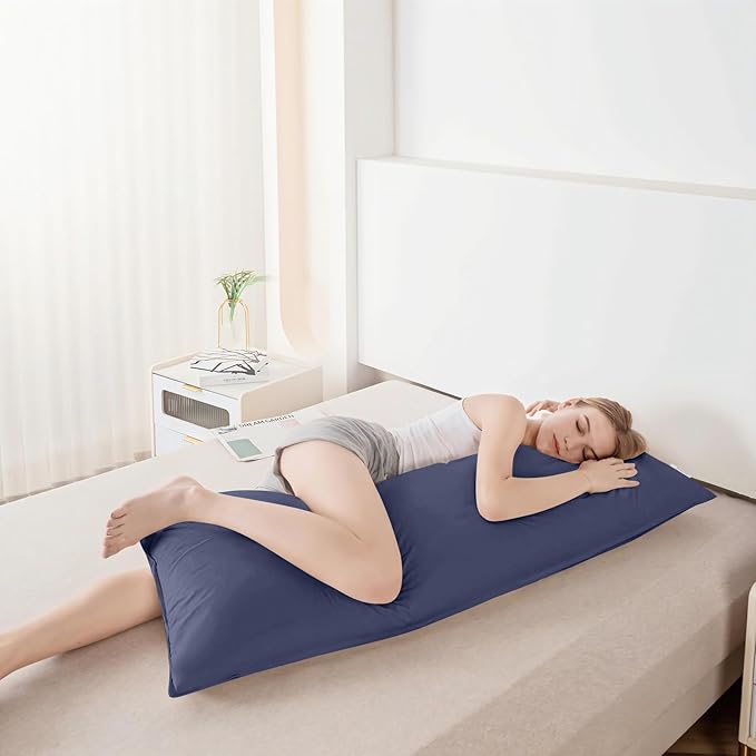 Goose Down Body Pillows for Adults, Large Body Pillow for Side Sleeper, Hugging Feather Body Pillow Insert, Cooling Full Length Long Pillow for Bed with 100% Organic Cotton Shell, Navy Blue 20"x72"