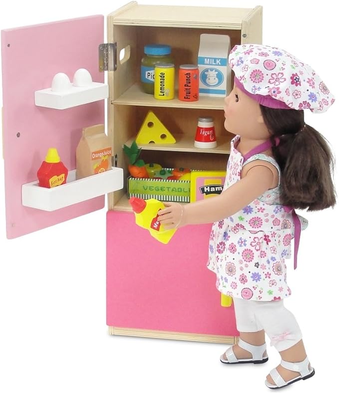 Emily Rose 18 Inch Doll Wooden Play Kitchen Refrigerator Freezer Toy Gift Set, Includes 20 Pretend Food Accessories | Doll Not Included