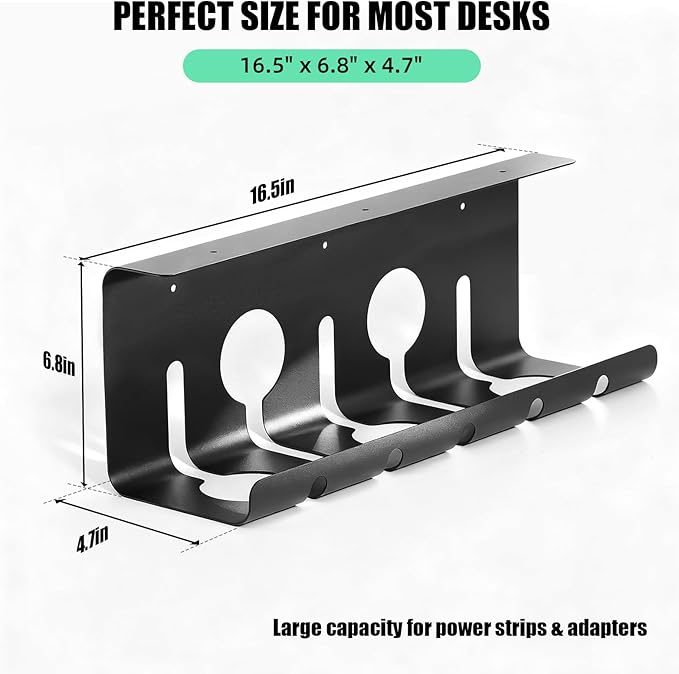 2 Pack Under Desk Cable Management Tray, 16.5" L x 4.7" W x 6.8" H, Wire Organizer for Power Strip, Tape Mount or Screw Mount, Easy Install Cord Raceway for Desk & Home