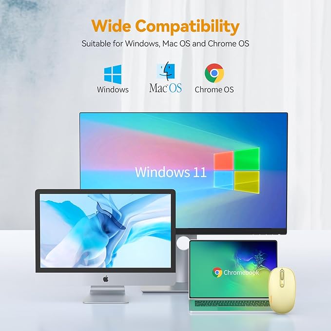 TECKNET Wireless Mouse, 2.4G Quiet Computer Mouse with USB Receiver, 4 Buttons Portable Cordless Mice for Chromebook, Laptop, PC, Mac, 800/1200/1600 DPI - Yellow