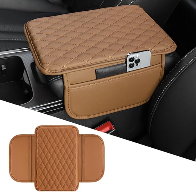 OtpOutopa Car Center Console Armrest Cover, Leather Car Center Console Cover Cushion with 2 Storage Bags, Universal Center Console Pad Car Armrest Lids Storage Box Auto Interior Accessories (Brown)