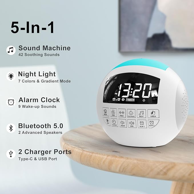 42 Sound White Noise Machine for Kids Adult Baby Sleeping + Bluetooth + Nightlight, Lullaby/Nature Soothing Sounds, 2 Alarm Clock for Bedroom Home, Adjustable Volume, 15-480 Timer, USB & AC Powered…