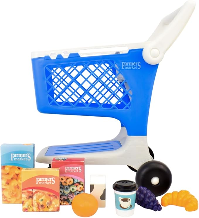 Let's Go Shopping Pretend Scan & Sort Shopping Cart, Includes Pretend Food, Blue Shopping Cart for Kids Age 2+