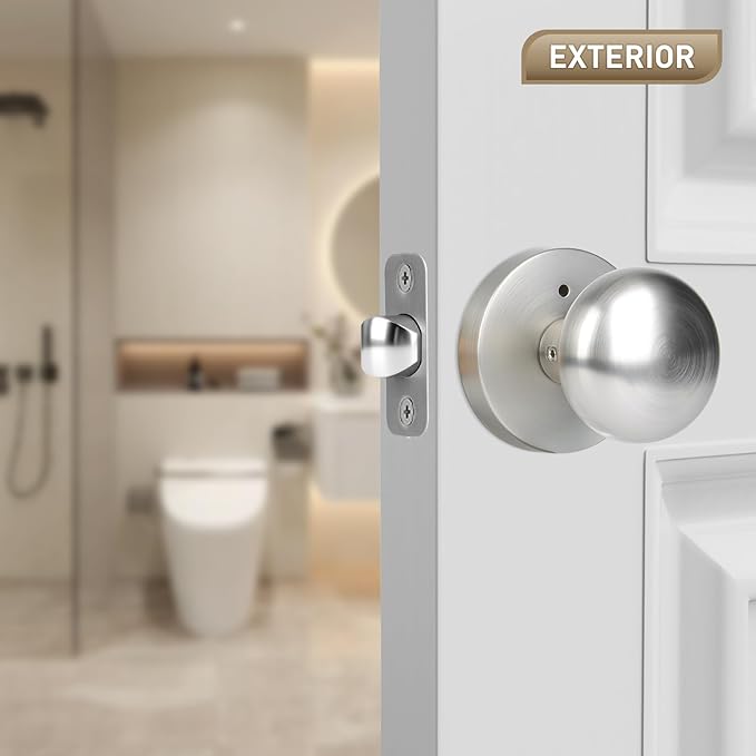 Satin Nickel Door Knob, Privacy Door Knobs Interior with Push-Button, Vintage Door Knob with Lock for Bedroom and Bathroom, 1 Pack