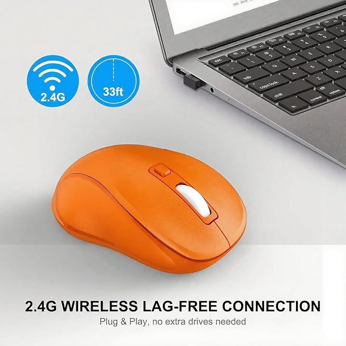 WisFox 2.4G Wireless Mouse for Laptop, Ergonomic Computer Mouse with USB Receiver and Type-C Adapter, 3 Adjustable Levels DPI, 6 Button Cordless Wireless Mice (Tangerine)
