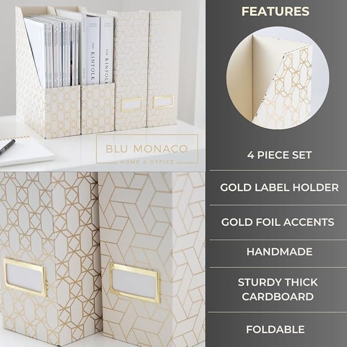 BLU MONACO | Cardboard Magazine File Holder Set of 4 | Vertical Magazine File Holder for Desk and Shelves | Cream Gold Foldable Magazine Holders with Label Slots