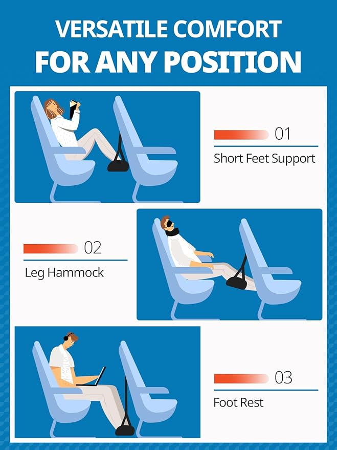 SARISUN 2-Pack Airplane Foot Hammock for Travel, No Collapse Plane Foot Hammock with Wide Hardboard Support, Portable Foot Sling for Under Desk with Adjustable Strap, Carry Bags for Women & Men