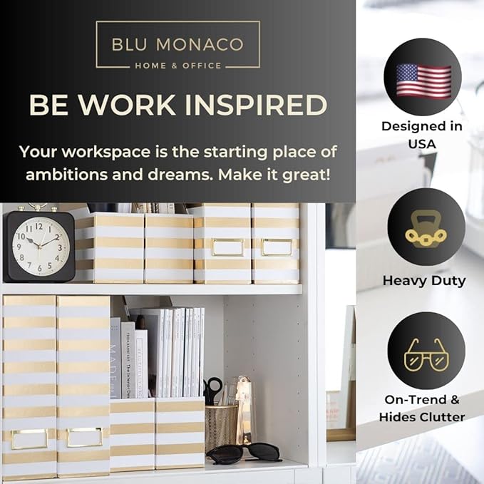 BLU MONACO Set of 4 Gold & White Striped Magazine File Boxes | Foldable Cardboard File Organizer Boxes with Gold Label Holders | Stylish Desk Organizer for Home Office and Classroom