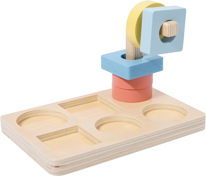 Adena Montessori Wooden Stacking and Sorting Ring,Wooden Rings on Peg,5 Shapes on Curved Peg Horizontal Dowel Variation,Baby Toddler Educational Eearly Learning Toys for 1 Year Olds Boy and Girl Gift