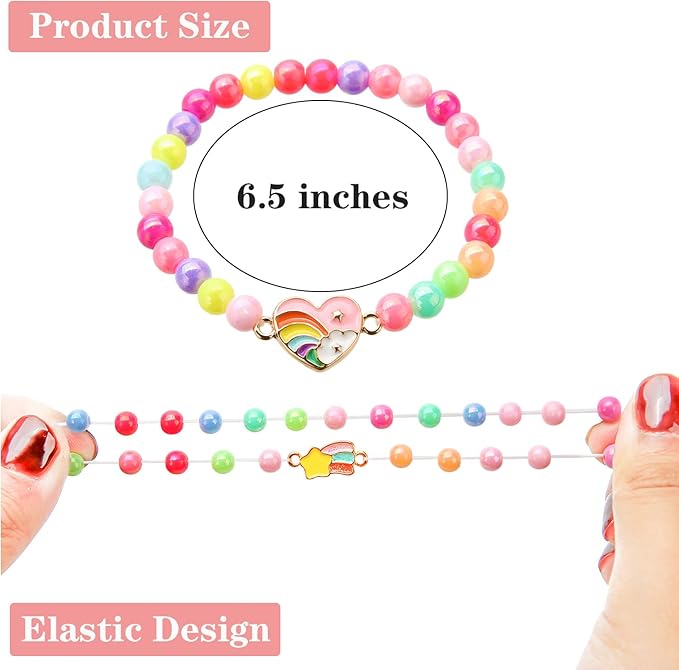 20 Pcs Colorful Unicorn Bracelet Girls Rainbow Unicorn Heart Beaded Bracelet Stretchy Costume Jewelry Set Party Favors Gifts Friendship Bracelets for Kids Little Girls (Bead Style)