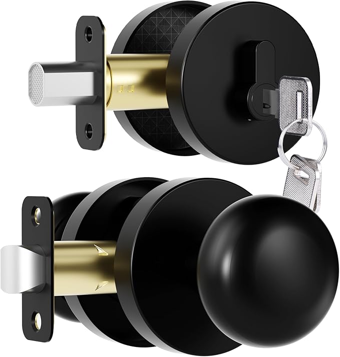 Matte Black Passage Door Knob and Deadbolt Set Interior/Exterior Door Knob with Single Cylinder Deadbolt Lock Set