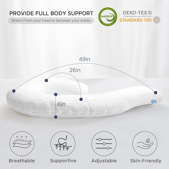 Body Pillow for Adults - Soft Long Bed Pillows Insert for Sleeping - Shredded Memory Foam & Removable Washable Cover - Swan Shaped Side Sleeper Pregnancy Pillow 49 Inch (White Tencel)
