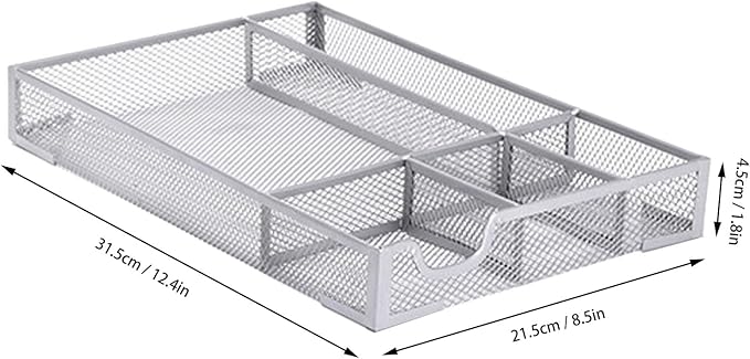 FOSA Desk Drawer Organizer, 5 Compartments Metal Mesh Storage Tray with Non Slip Rubber Pads, for Office Home Kitchen Jewelry Organization (Silver)