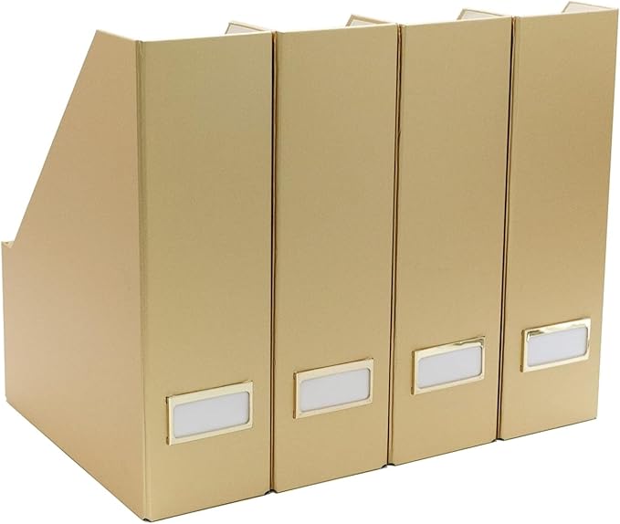 BLU MONACO | Gold Cardboard Magazine File Holder Set of 4 | Vertical Magazine File Holder for Shelves | Standing File Holder Desk Organizer