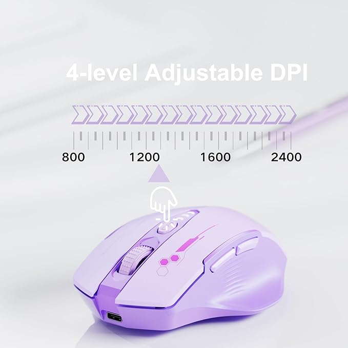 Uineer Wireless Bluetooth Mouse,[Upgraded] Rechargeable Computer Mice (BT 5.0/4.0+2.4G Hz) with Visible Battery Level, 4 Adiustable DPl, Portable PC Mouse for MacBook Chromebook,Purple