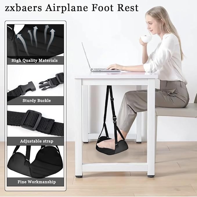 zxbaers Airplane Foot Rest, Portable Airplane Foot Hammock with Memory Foam, Adjustable Height Leg Support for Travel Office Long Flight Essentials