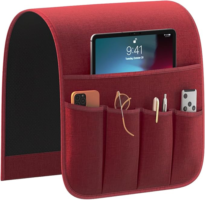 Sofa Armrest Organizer Non-Slip Remote Control Holders for Recliner Couch Chair Armchair Caddy with 5 Pockets for Table,Cell Phone,Ipad,Magazines,Books (13x35In, WineRed)