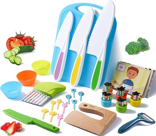 Kids Safe Knives Set, 30 Pieces Kids Wooden Kitchen Knife Kits for Real Cooking with Cutting Board, Peeler, Potato Slicer, Fruit Cutters Shapes and Fork Picks, Dishwasher Safe