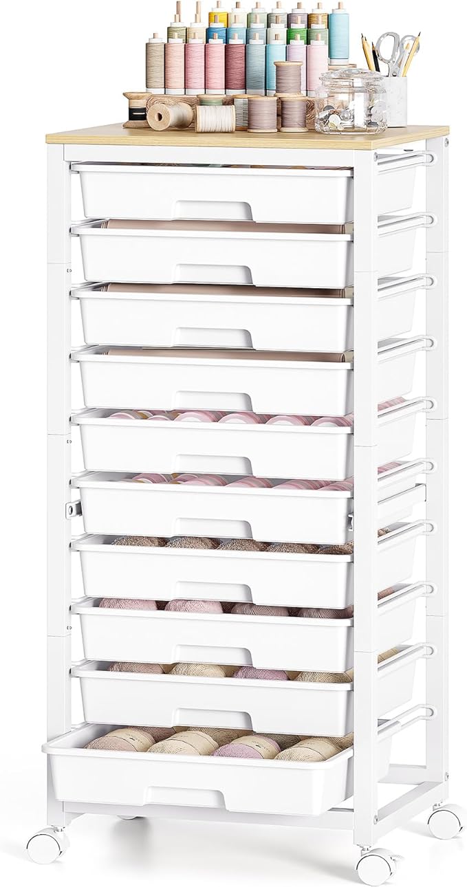 Rolling Cart with Drawers,10 Drawer Rolling Cart,Rolling storage cart with drawers,White Rolling Drawer Cart,Teacher Rolling Cart for Classroom Storage,Craft Cart with Wooden Tabletop