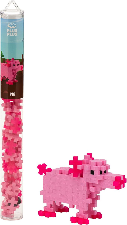 Plus Plus 3D Animal Figurine Building Block Set, 70 Mini Interlocking Puzzle Pieces, Fun Stem Toys for Kids - Pig Mini Maker Tube
