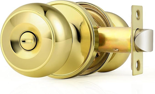 Probrico Home Bed & Bath Privacy Door Knob in Polished Brass, Flat Ball Interior Hardware, Keyless Universal Handing Door Lockset, 1 Pack