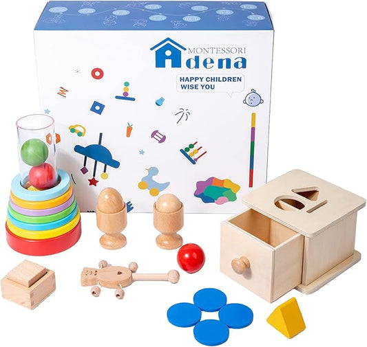 Adena Montessori Play Kit for 9-10 Months Baby,7 in 1 Learning Educational Toys for Toddler,Include Clear Tube with Stacking Rings,Coin Box,Wooden Rattle and more,Christmas Birthday Gift for Boys Girl