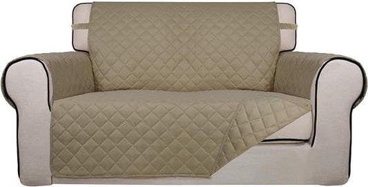 PureFit Reversible Quilted Sofa Cover, Water Resistant Medium Slipcover Furniture Protector, Washable Couch Cover with Non Slip Foam and Elastic Straps for Kids, Dogs, Pets (Loveseat, Beige/Beige)