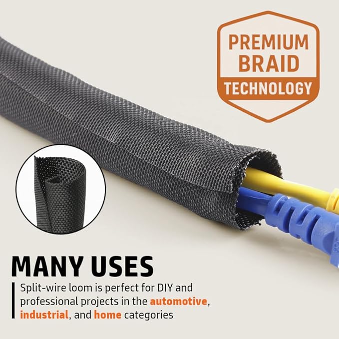 MGI SpeedWare Woven Mesh Split-Sleeve Wire Loom for High-Temperature Automotive Harness and Home Cable Management - 25 feet (1/4")