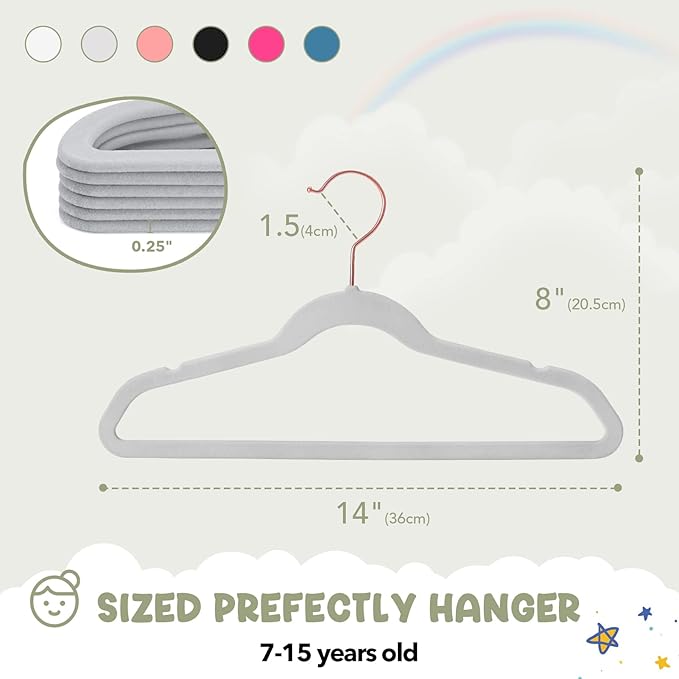 HOUSE DAY Velvet Kids Hangers 60 Pack, Premium Childrens Hangers for Closet, Ultra Thin Cute Hangers Kids Clothes Hanger, Non Slip Kids Felt Hangers 14 Inch, Small Hangers for Kids Clothes, Grey