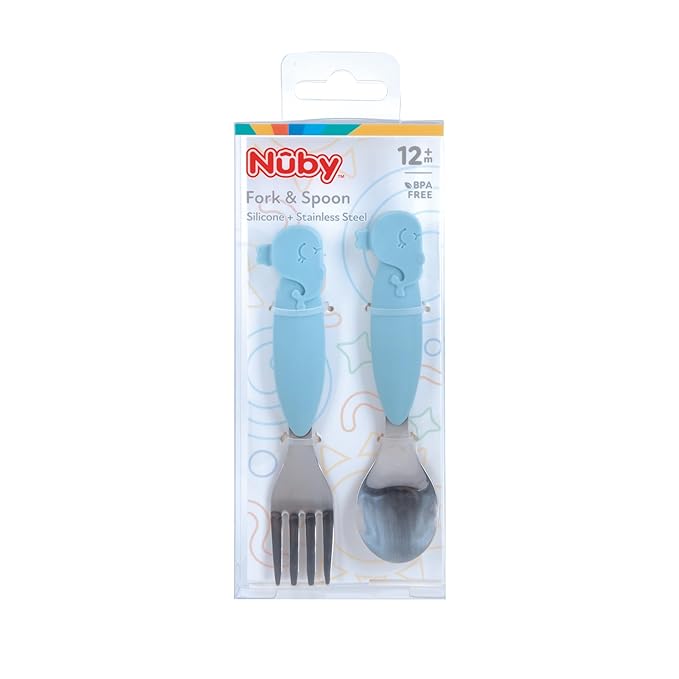 Nuby Animal Friends Silicone and Stainless Steel Fork and Spoon Set - 12+ Months - Blue Whale