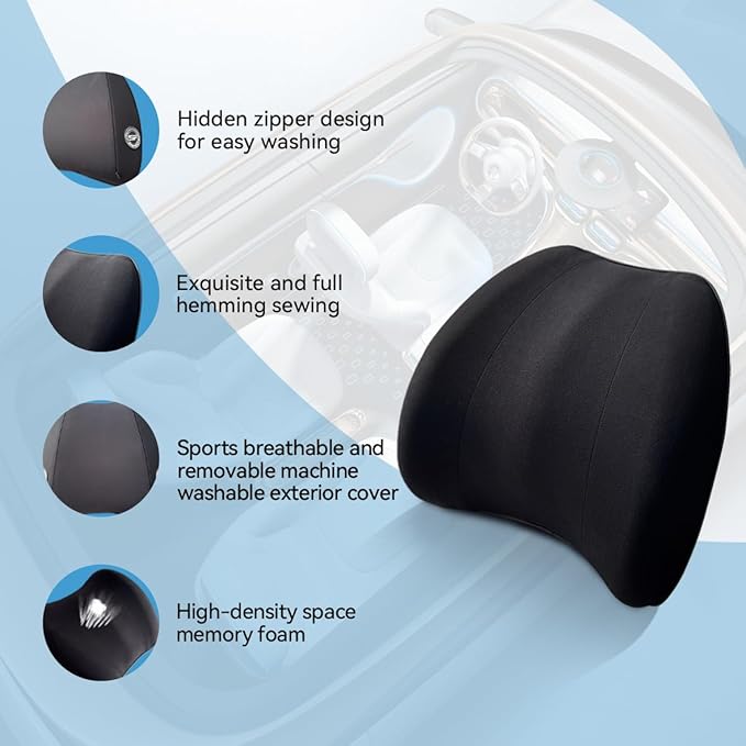 Really Plush Lumbar Support Pillow for Car Seat, Perfectly Balanced 100% Memory Foam Lumbar Pillow - Breathable Removable Cover & Ergonomic Design, Back Pillow for Back Pain Relief(Black, 1PC)