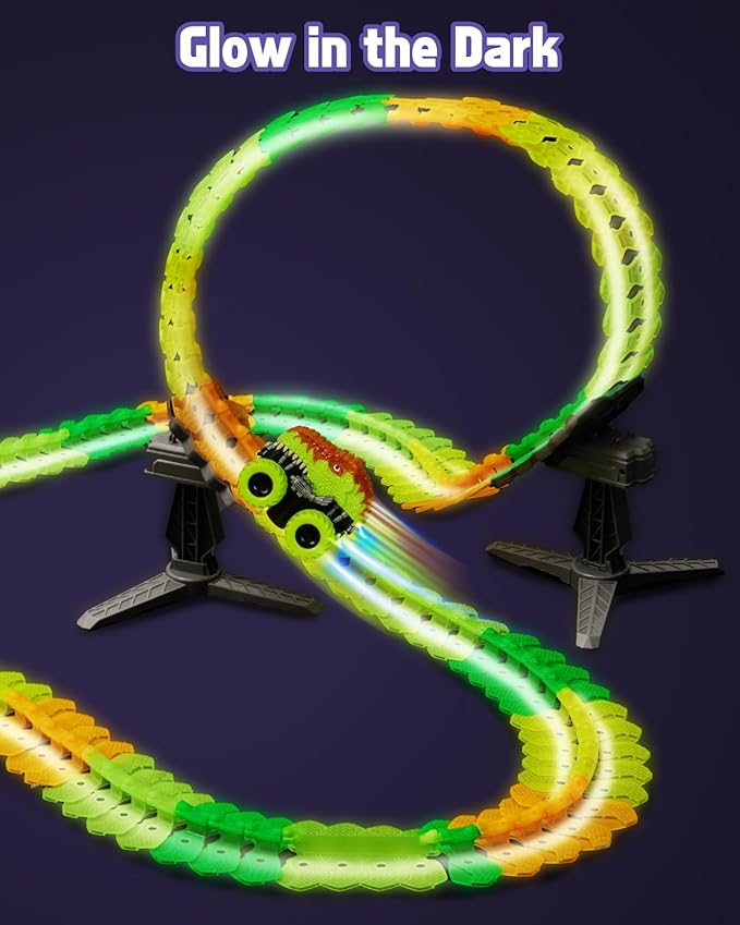 Magic Car Track Set, 154PCS Glow Race Track, Flexible Race Car Tracks, Dinosaur Train Set Glow in The Dark, Race Tracks for Kids Ages 3-8, Toddlers Birthday Gifts, for Kids
