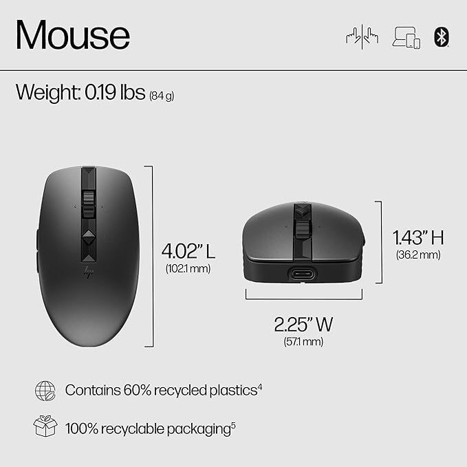 HP 710 Rechargeable Silent Mouse - for Computer or Laptop, Type USB-C Batteries - Multi-OS/Device Compatible - Bluetooth or 2.4 GHZ Dongle - 6 Programmable Buttons - Ambidextrous (6E6F2AA#ABL, Black)