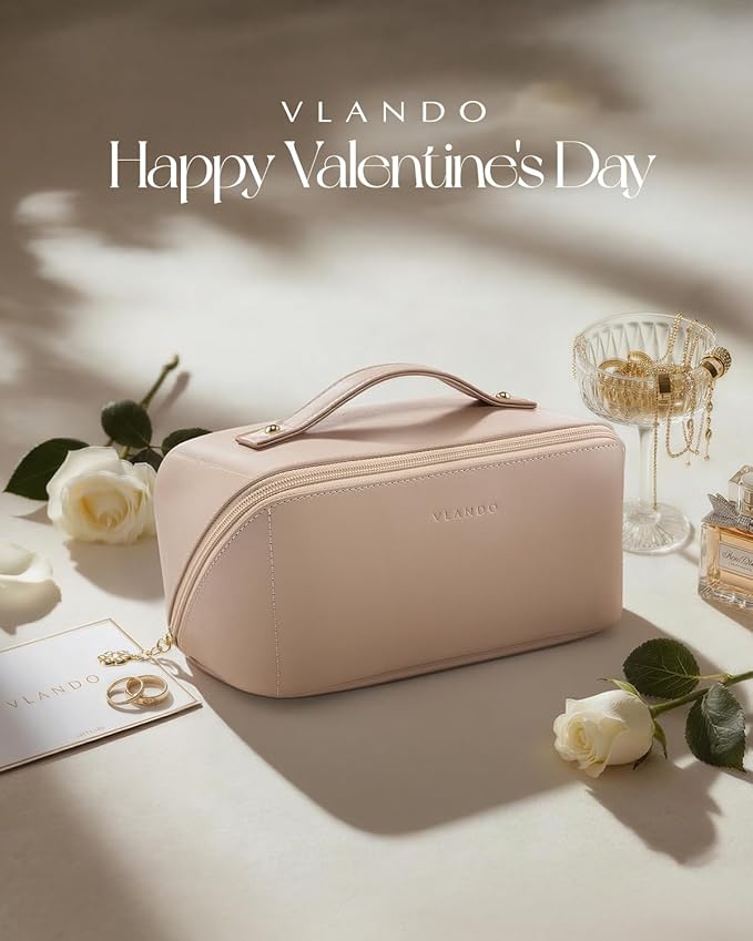 Vlando Makeup Bag,Large Capacity Travel Toiletry Bag,Cosmetic Bags for Women PU Leather Waterproof Portable Pouch with Divider & Handle-Toffee